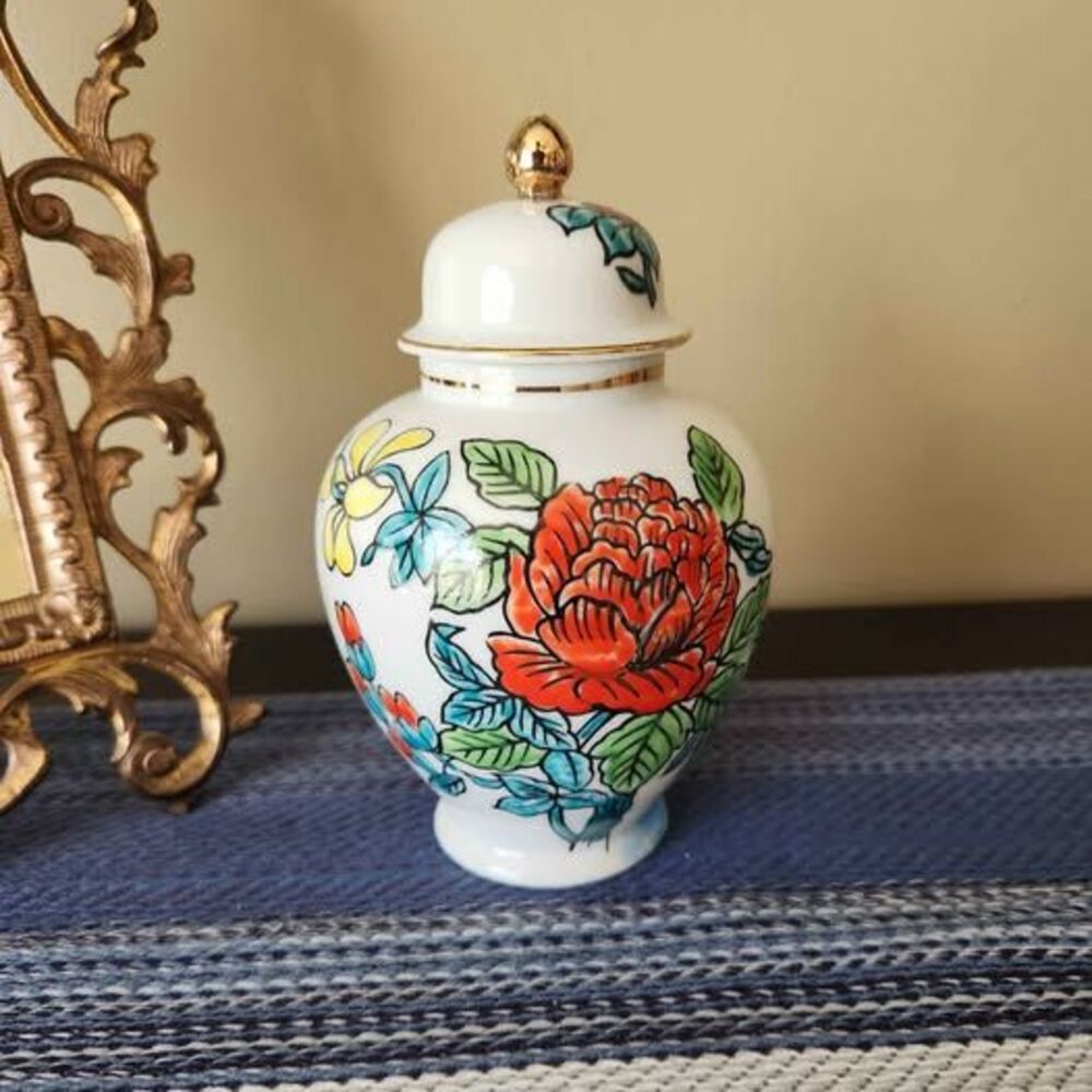 Vintage Japanese porcelain Ginger jar with Hand-painted Peonies